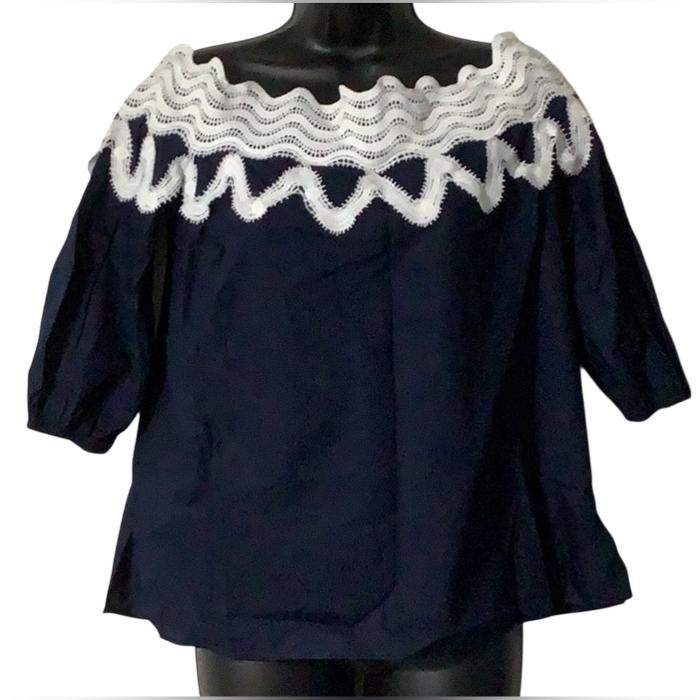 Crown & Ivy Navy Blue Top with White Crochet Design